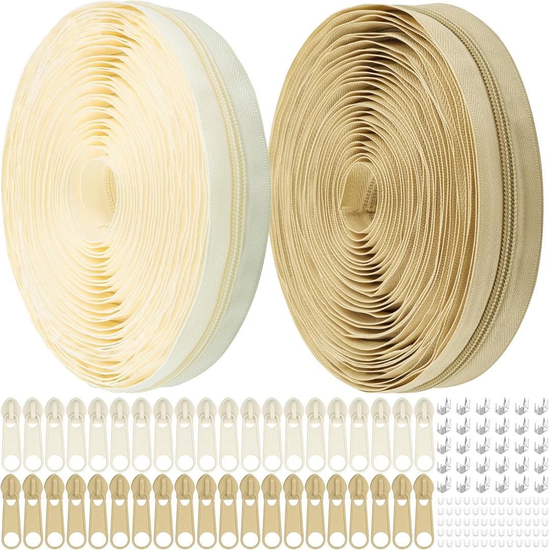 DOITEM 20 Yards Nylon Coil Zipper by The Yards, #5 Bulk Zippers for DIY Sewing Craft Bags with Replacement 40PCS Sliders (Beige and Cream)