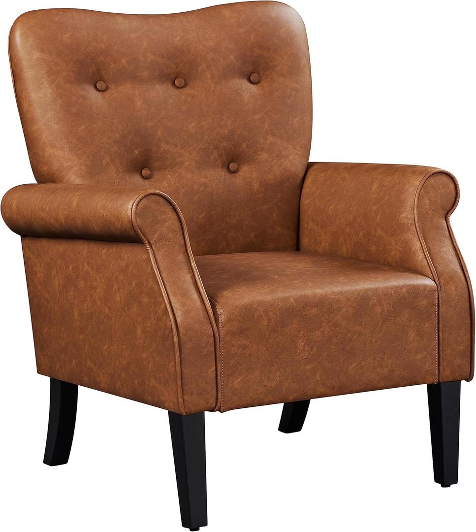 Yaheetech Modern Armchair, Mid Century PU Leather Accent Chair with Sturdy Wood Legs and High Back for Small Space, Upholstered Sofa Club Chair for Living Room/Bedroom/Office, Retro Brown (Set of 1)