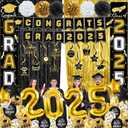Graduation Decorations Class of 2025, Black and Gold Graduation Decorations Include Banner, Hanging Swirls, Porch Sign, Foil Fringe Curtain, Paper Pompoms, Balloons, Foil Number 2025