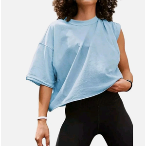 Elgogy Women's Oversized Work-out Crop T-shirt, Light Blue Large