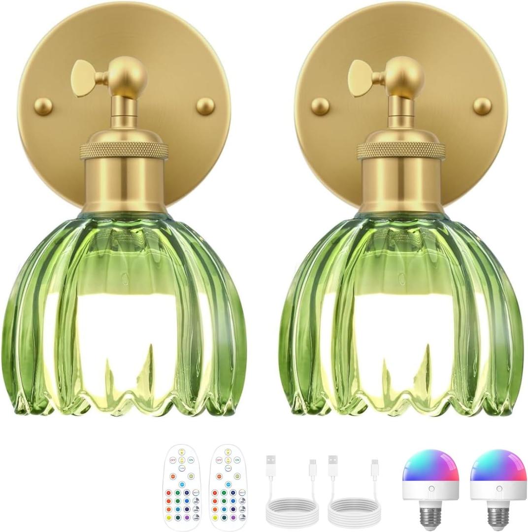 Vintage Battery Operated Wall Sconce, Green Tulip Glass Lampshade Wireless Rechargeable Battery Powered LED Wall Light with Remote Dimmable for Bedside Bedroom Doorway Living Room, Set of 2