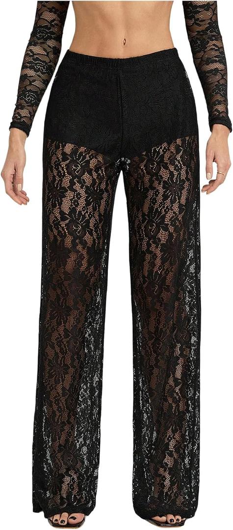 GORGLITTER Women's Lace Pants Sheer Mesh Wide Leg Pants See Through High Waist Going Out Grunge Trousers Black Medium