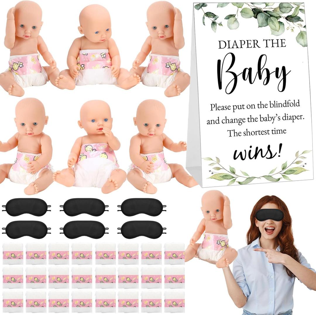 37 Pcs Baby Shower Diaper Changing Game Supplies Including Dolls Blindfold Diapers Cardboard Sign Baby Changing Diaper Race Game Set for Gender Reveal Party (Cute)