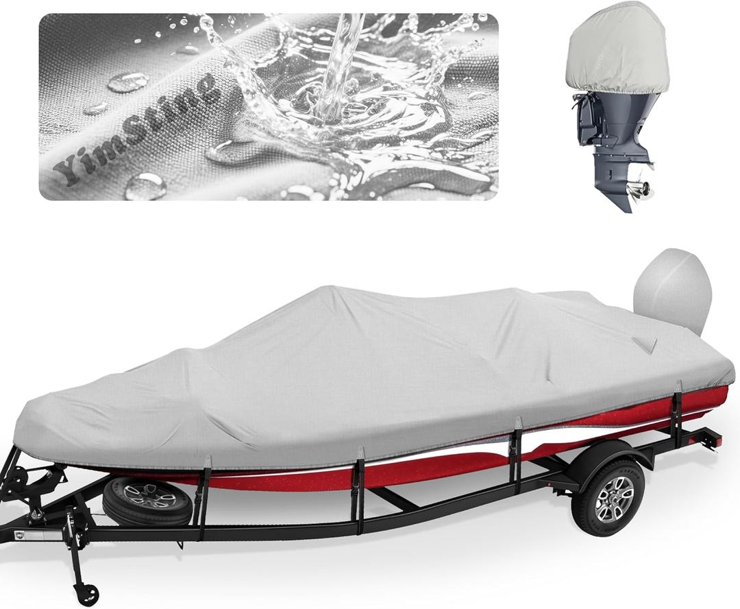 Bass Boat Covers 14-16 ft, 900D Heavy Duty Waterproof Winter Boat Cover with Motor Cover & 11 Reinforced Straps, Fits 14 15 16 ft Foot Bass Tracker, V-Hull, Runabout and Fishing Boat, Gray (A: 14'-16' LX 68" Beam Width)