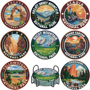 NEGEKFKX 8 Pcs National Park Diamond Art Painting Coasters Kits, Coaster with Holder for Adults, Non-Slip DIY Dot Paint Craft Kits,5D Full Drill DIY Diamond Dot Gem Art Kit Home Decor Arts Craft