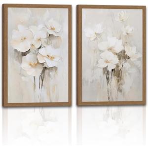 2pcs Framed Neutral Beige Floral Wall Art White Cream Flower Canvas 16x24in