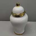 White Ginger Jar With Gold Trim, Ceramic Decorative Vase for Home, Office, Table, Living Room, Bookshelf, Mantle Fireplace, Centerpieces - 15"