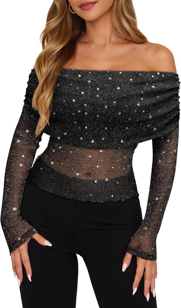 FEMLE Women Sparkly Off The Shoulder Sheer Mesh Tops Glitter See Through Long Sleeve Foldover Top Party Concert Outfits (Blue, XL)