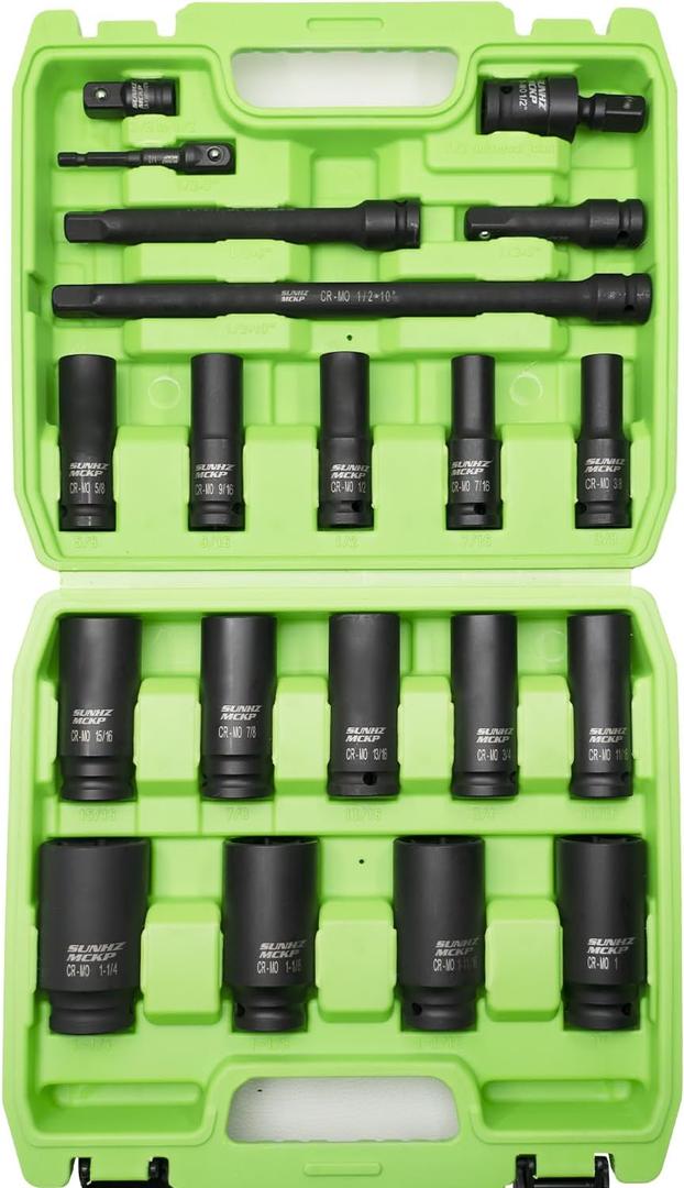 SUNHZMCKP 20 PCS 1/2" Impact Socket Set, Drive Deep 6 Point Socket Set, Including Standard SAE Sockets (3/8" to 1-1/4"), 3 ", 6", 10" Impact Extension Bar and Drill Socket Adapter, Cr-MO