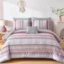 Pink Comforter Set Queen Size,Boho Striped Bed in a Bag 8 Pieces,Paisley Soft Microfiber Bedding Comforter Set