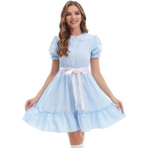 Women's Twins Costumes Halloween Puff Sleeve Lolita Zipper Mini Dress with Waist Tie (Blue)
