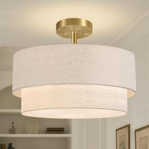 16.5'' Semi Flush Mount Ceiling Light, 3-Light Gold Ceiling Light Fixtures, Farmhouse Close to Ceiling Light with Linen Shade, Modern Drum Ceiling Light for Living Room/Hallway/Bedroom/Dining Room
