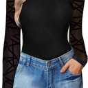 Avidlove Women Long Sleeve Bodysuit Crew Neck Body Suits Mesh One Piece Leotards Shirt Going Out Bodysuit Tops (Medium, Geo Pattern)