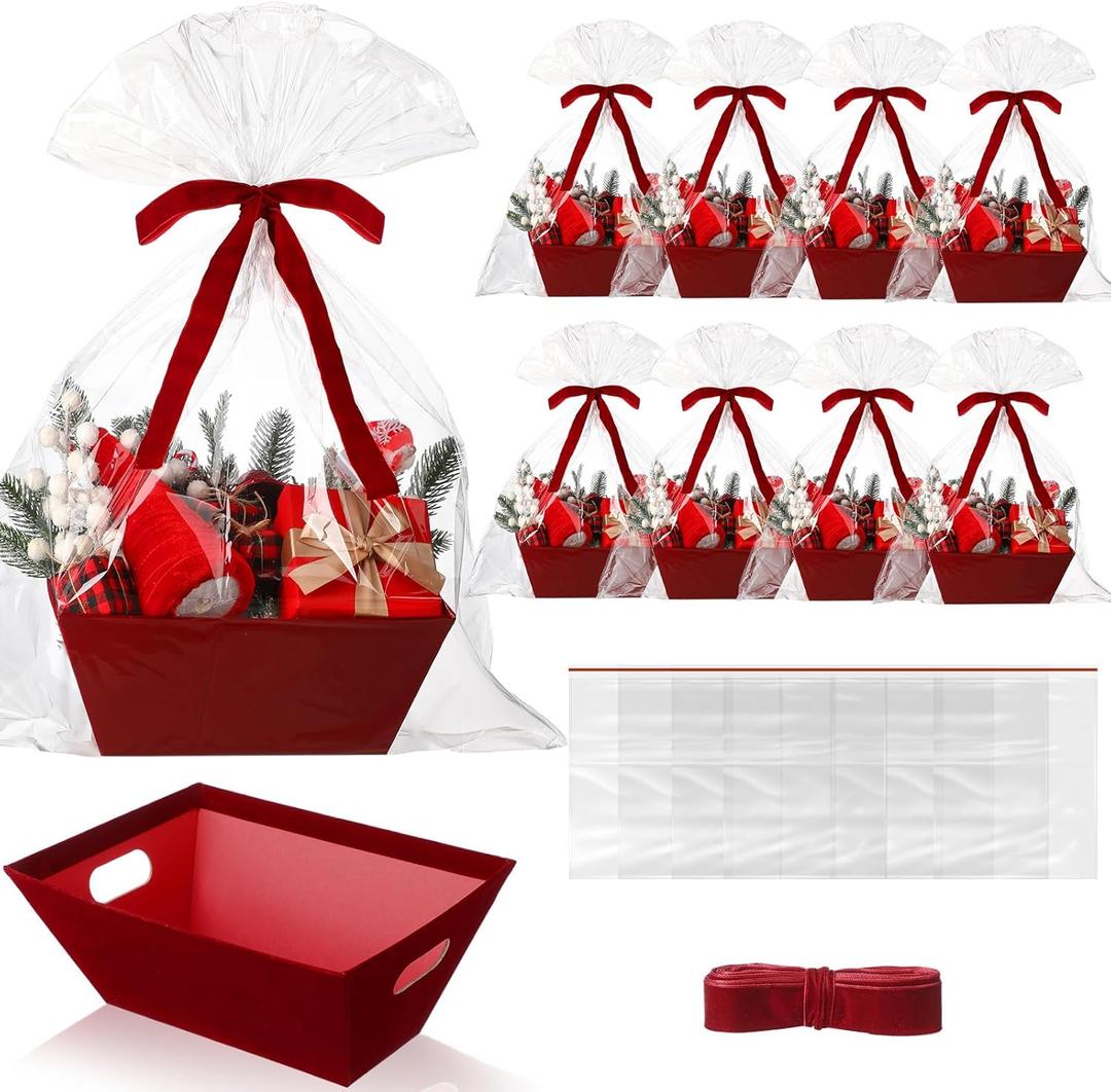 Kolldenn 24 Pcs Velvet Burgundy Red Christmas Empty Gift Basket Bulk to Fill for DIY 8" x 10" Gift Basket Kit with Handles 8 Velvet Cardboard Tray 8 Bags and 8 Bows for Xmas Wedding Party Wrapping