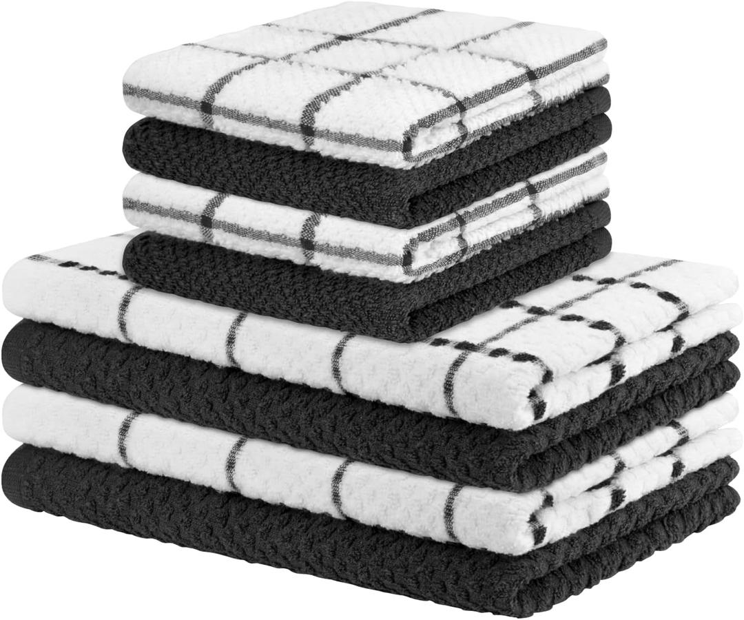 Nialnant Kitchen Towels and Dishcloths Set of 8, 100% Cotton Dish Towels for Washing Dishes, Hand Towels, 12 x 12 Inches and 15 x 25 Inches,Black