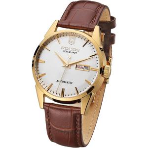 ROCOSJEWE R0101 Men's Automatic Mechanical Watch Golden Luxury Watch for Men Classic Retro Wristwatch Day Date Brown Leather Strap Dress Watches Waterproof Gift for Men Fashion Business