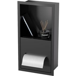 Black Toilet Paper Holder with Recessed Wall Niche for Storage,Stainless Steel in Wall Toilet Paper Dispenser with Shelf,15.9inX7.9inX4.9in (Matte Black)