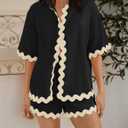 ZESICA Women's Button Down Pajama Set Line Short Sleeve Shirt and Shorts Pj Lounge Sets Sleepwear with Pockets (Black, M)