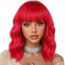 Enilecor Red and Pink Wig for Women,Short Curly Wavy Curly Bob Wig with Bangs,14" Natural Synthetic Colored Party Costume Cosplay Halloween Wigs