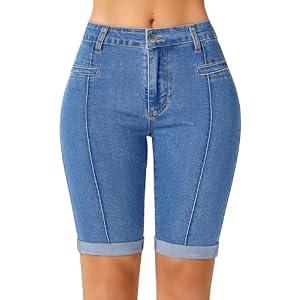 roswear Women's Jean Shorts Stretchy Skinny Knee Length Bermuda Shorts with Front Seam Indigo494 Blue Medium