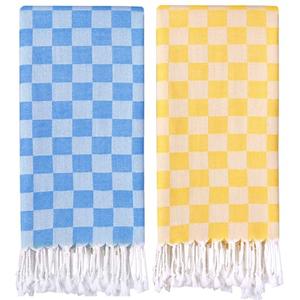 2 Packs Cotton Turkish Beach Towels Quick Dry Sand Free Oversized Pool Swim Plaid Towel Extra Large Xl Big Blanket Travel Essentials Cruise Accessories Must Haves Clearance Vacation Stuff Yellow Blue