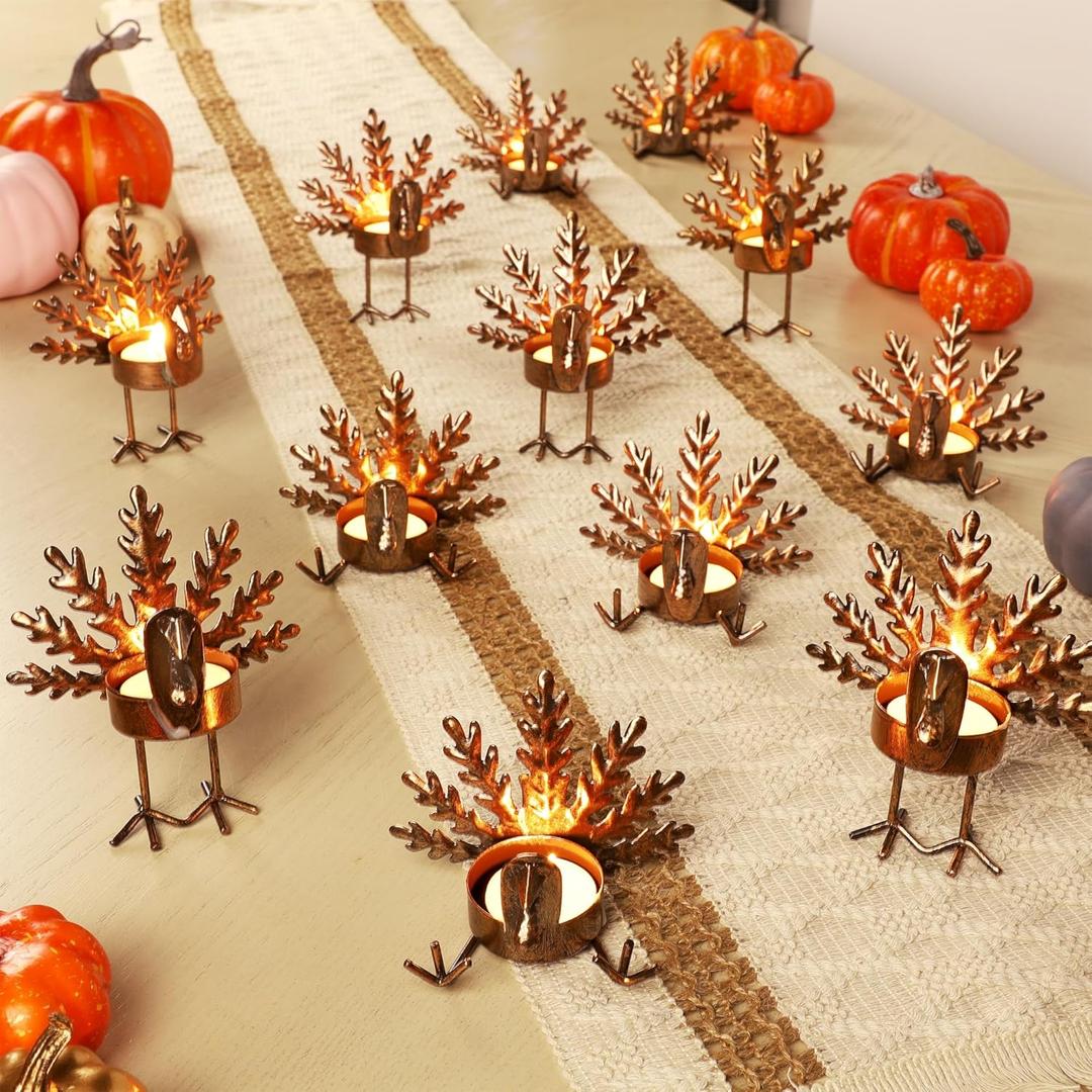 FORUP 12 Pack Metal Turkey Tea Light Candle Holders, Thanksgiving Candle Holder, Thanksgiving Home Table Decoration
