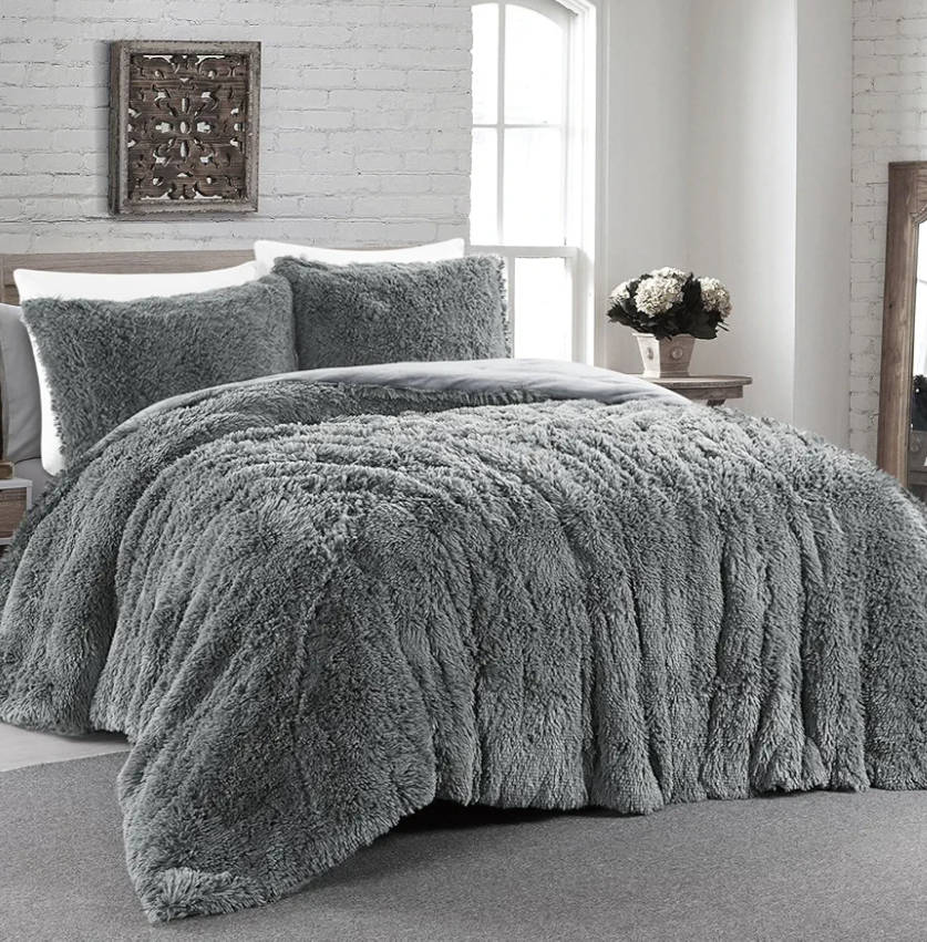 HOMBYS Oversized King Faux Fur Fluffy Comforter Set 120x120, 3 Piece Shaggy Plush Velvet Bedding Thick Comforter with Shams, Extra Soft and Warm,Light Grey
