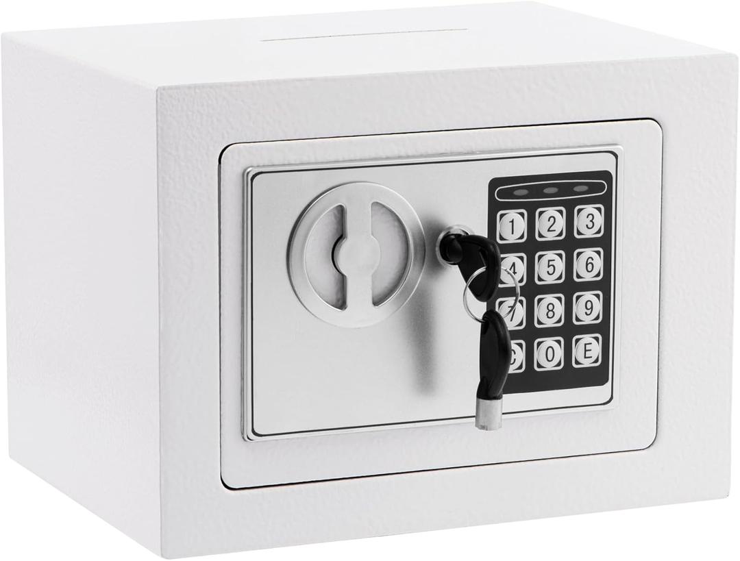 Small Safe Box With Digital Keypad & Keys - 9.05 x 6.7 x 6.7 Inches Wall Safe 0.23 Cuft Mini Security Lock for Coin Home Office Hotel Rooms Business Jewelry Gun (White)