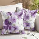 Purple Floral Throw Pillow Covers Set of 2 Decorative Watercolor Flowers Sofa Pillow Cases Square Cushion Cover for Couch Bedroom Living Room, Lilac, 18 X 18 Inch