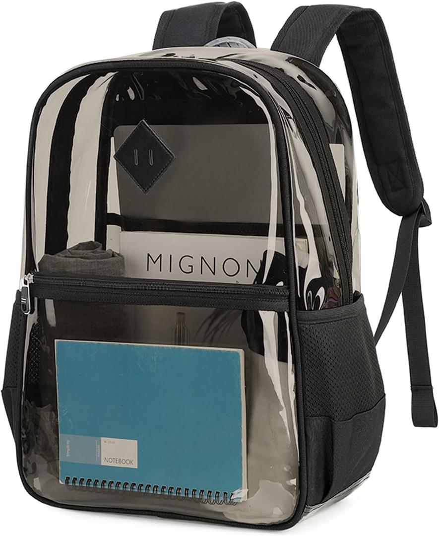 MUSEVOS Clear Backpack, Heavy Duty See Through Book Bag for Work, Security, Concerts, College Transparent PVC bookback Stadium Approved,Black(Semi-transparent)