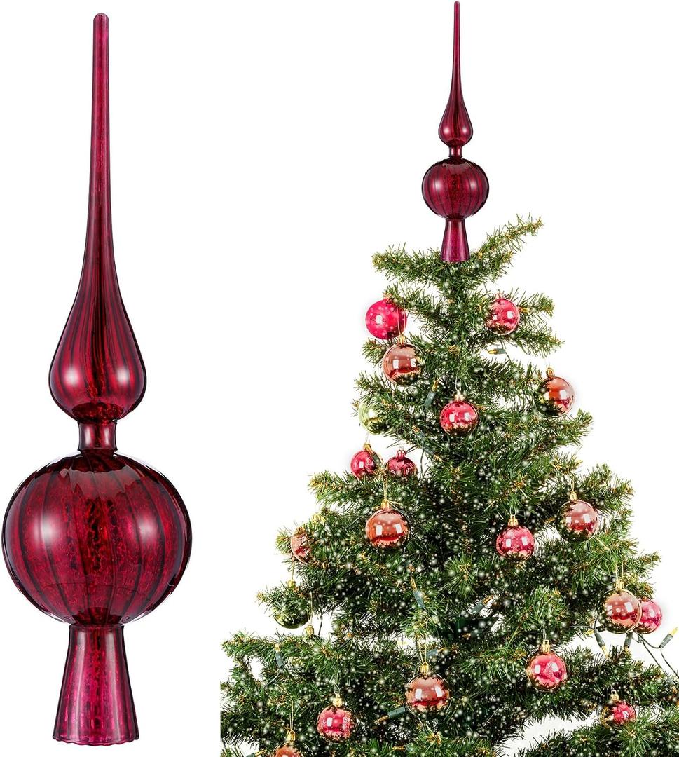 Gejoy Mercury Glass Finial Christmas Tree Topper 12 Inches Vintage Spherical Xmas Tree Topper Mid Century Christmas Ornament for Home Xmas Holiday Party Decorations(Burgundy)