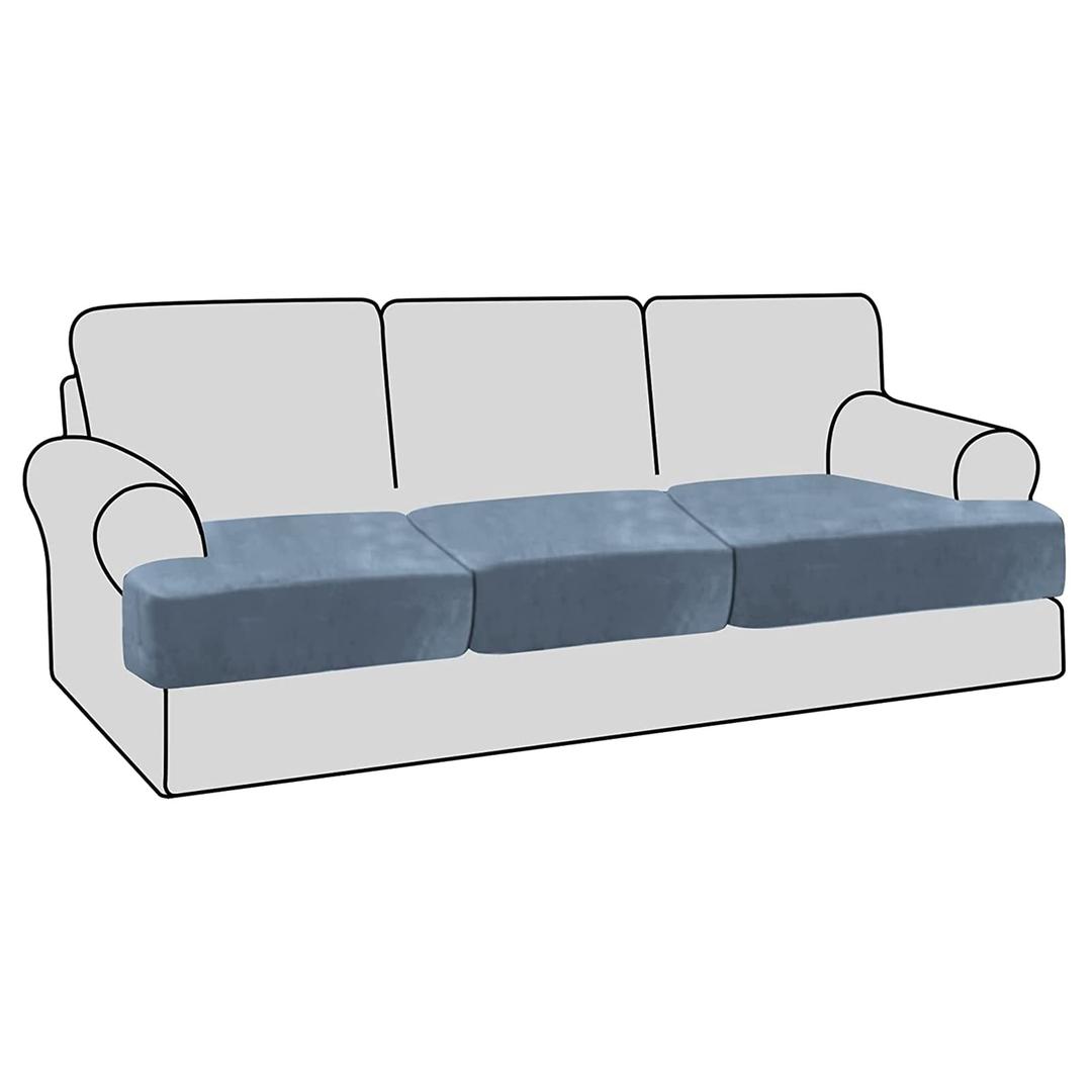 H.VERSAILTEX Stretch Velvet 3 Piece T Cushion Sofa Slipcovers Individually Sofa Cushion Covers for 3 Cushion Couch Seat Cushion Covers for Sofa Seat Cushion Covers Stay with Elastic Bands, Stone Blue