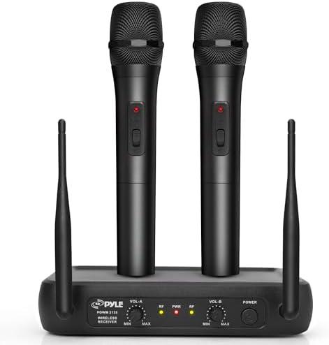Pyle Dual Channel Microphone System-VHF Fixed Dual Frequency Wireless Set with 2 Handheld Dynamic Transmitter Mics, Receiver Base-for PA, Karaoke, Dj Party (PDWM2135) , Black