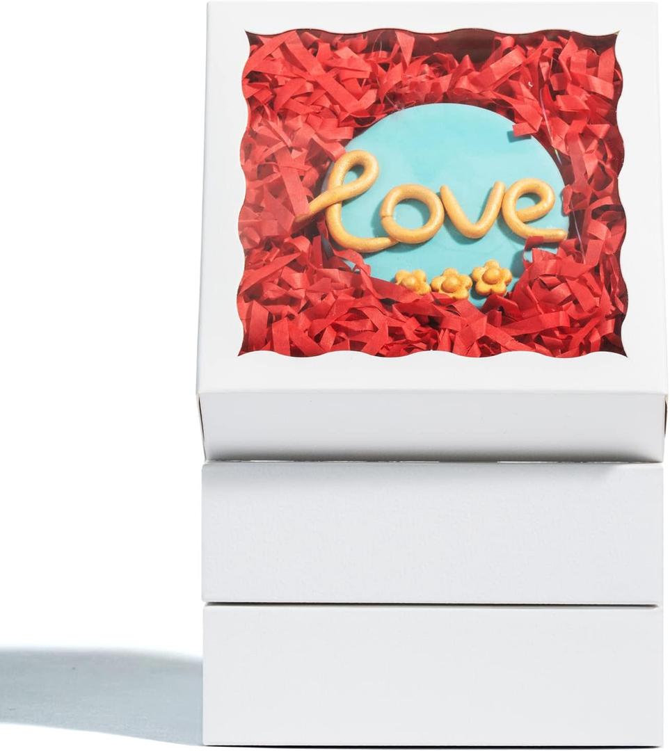 Romantic Baking 40 Pack 5" x 5" x 1 1/5" Cookies Tuck Boxes Heart Hot Chocolate Bombs Macaron Bakery Boxes with Window