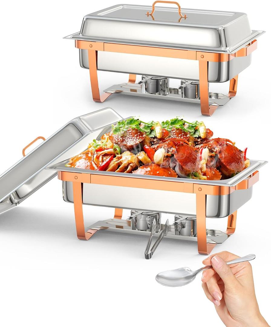 GarveeHome Chafing Dish Buffet Set, 8QT 2 Pack, Rectangle Chafing Dishes for Buffet w/Lid Holder, Stainless Steel Chafer Food Warmers Servers for Kitchen Party Banquet Dining, Rose Gold