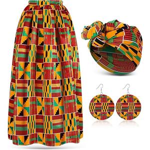 Haysandy 3 Pcs Women African Printed Maxi Skirt with Pockets Set Casual Stretch Head Wrap Scarf Drop Dangle Earrings (Classic Style,Large)