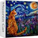 PICKFORU Stained Glass Puzzles: 1000 Pieces, Adults' Cat Lovers' Jigsaw Puzzle - Purple Iris Flowers, Starry Night, Moonlit Cat Flower