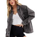 Cantonwalker Women's Oversize Vintage Washed Boyfriend Denim Jacket Long Sleeve Classic Loose Jean Trucker Jacket, Grey, Small