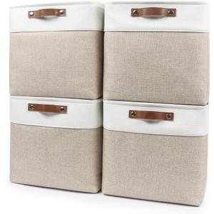 Bagnizer 13x13 Cube Storage Bins, Collapsible Fabric Storage Box, 4 Pack Closet Baskets with Handles for Organizing, Shelf, Toys, Clothes, Home, Office, Nursery (Beige&White)