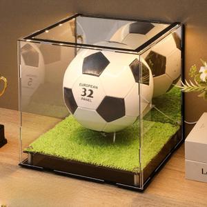 Geelin Soccer Ball Display Case with LED Light, 12" x 11" x 10.5" Light up Acrylic Clear Display Case Box with Mirror Back and Turf Grass, Storage Cube for Soccer Ball Memorabilia Collector Gift