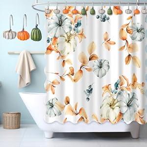 Geelin Fall Pumpkin Shower Curtain Set, 72" W x 72" H Vintage Fall Pumpkins Shower Curtain with 12 Pumpkin Hooks for Autumn Bathroom Decoration Scalloped Home Thanksgiving Bathroom Decor