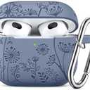 Lerobo Flower Engraved Case for AirPods 3rd Generation Case Cover with Keychain, Silicone Skin Cover Compatible with Apple AirPods 3rd Generation, Full Protection, Front LED Visible