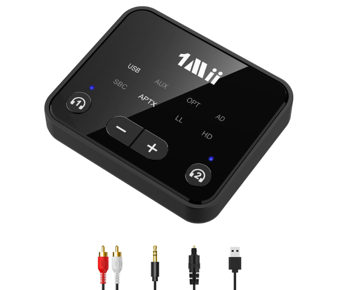 1Mii Bluetooth 5.3 Transmitter for TV to 2 Wireless Headphones, Long Range 100ft Bluetooth Adapter for TV aptX Adaptive & HD/Volume Control, Optical/USB/AUX/RCA Audio Inputs
