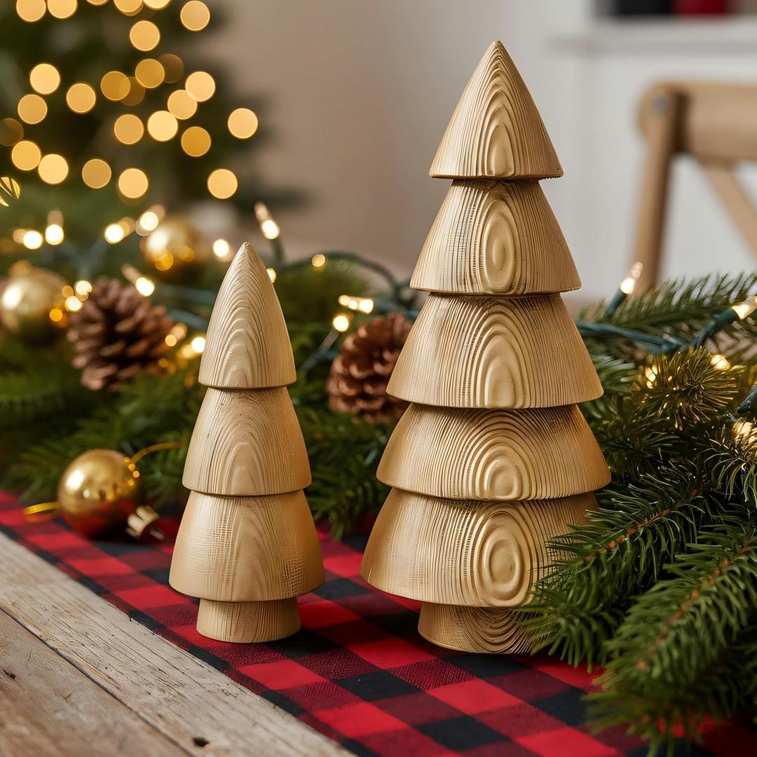 DN DECONATION Gold Tabletop Christmas Tree, Cone Trees Figurines for Xmas Decorations, Wooden-Like Resin Pine Tree Decor for Mantel, Desk, Shelves, TableCenterpieces Holiday Home Decor (Set of 2)