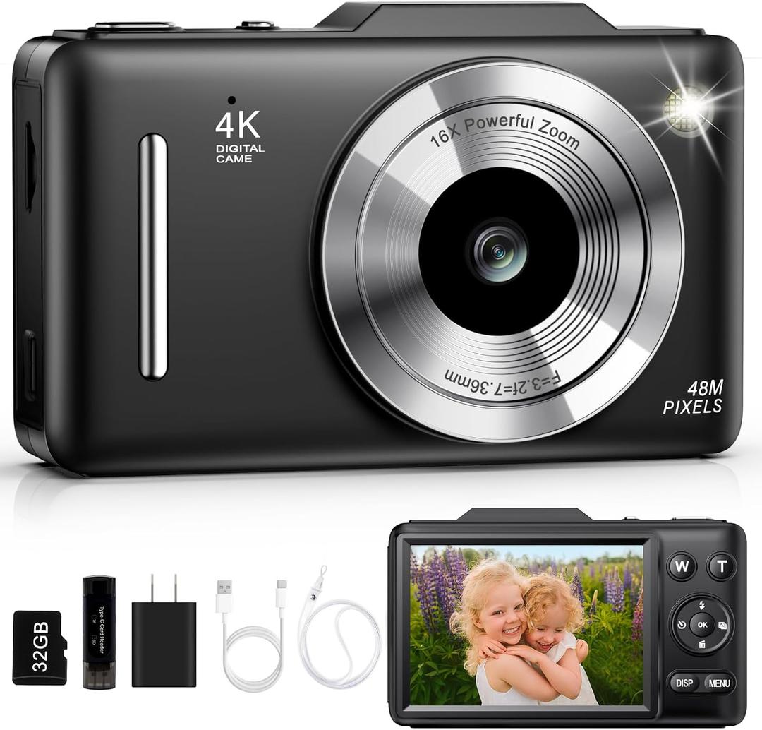 Digital Camera 4K Autofocus Vlogging Camera for Photography with 16X Zoom Anti Shake, 32GB Card, 48MP Compact Portable Point and Shoot Camera for Kids Boys Girls Teens BeginnerBlack