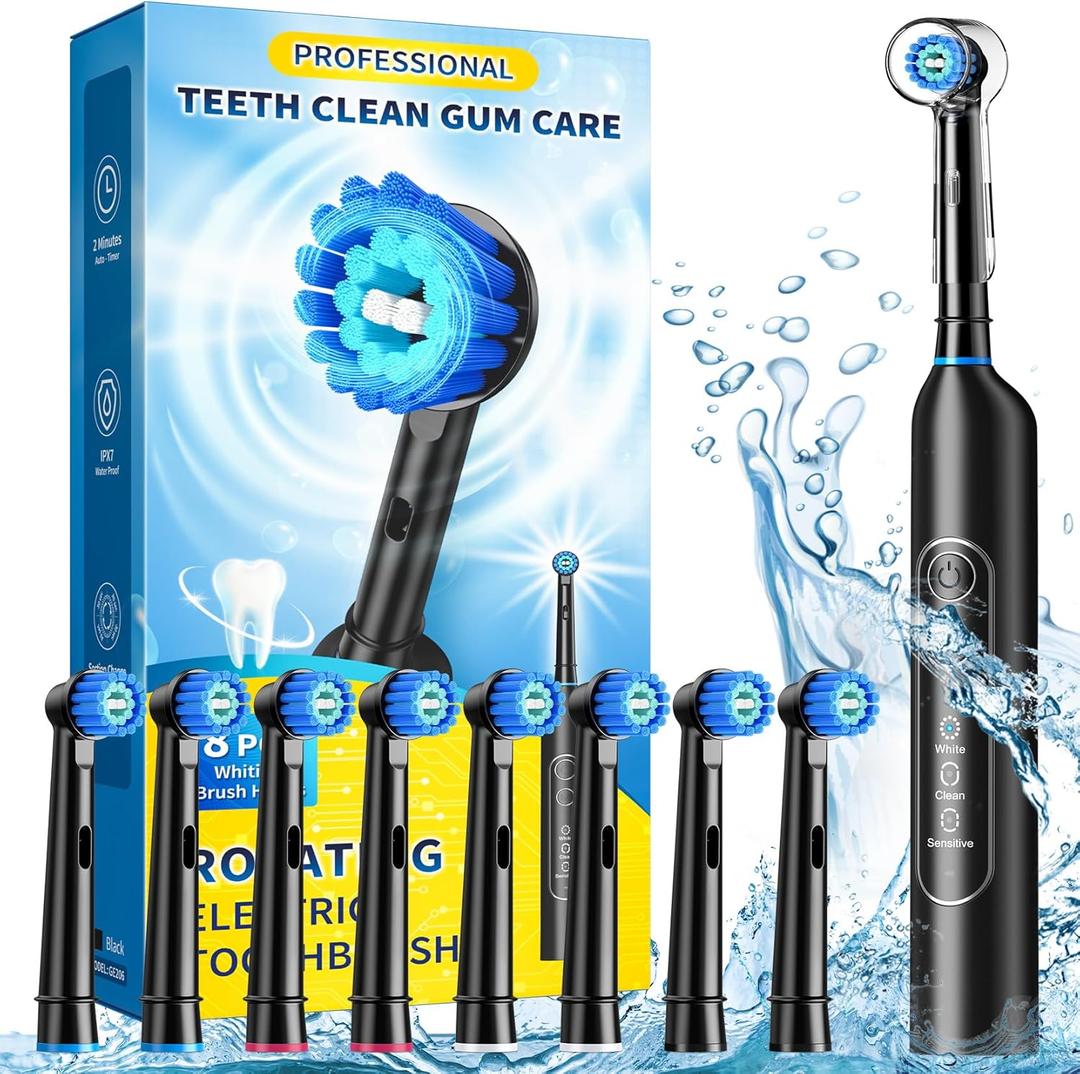 TEETHEORY Rotating Electric Toothbrush for Adults with 8 Brush Heads, Sensitive Gum Care Electric Toothbrush with 3 Modes and 2 Min Smart Timer, Rechargeable Last 60 Days (Black, 1 Count)