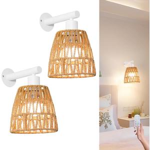 Battery Operated Wall Sconce Set of 2, Boho USB Rechargeable Wall lamp, White Farmhouse Rattan Sconce Lighting with Remote, RGB 15 Colors Modes Rechargeable Wall Lights for Bedroom Livingroom Hallway