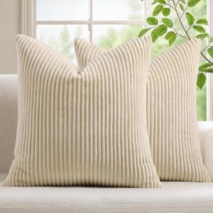 Mecatny Corduroy Summer Decorative Throw Pillow Covers 16x16 Set of 2 for Sofa Living Room, Soft Neutral Boho Couch Pillow Covers for Home Decor, Beige