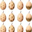 DN DECONATION 12-Piece Easter Egg Hanging Ornaments Set, Light Beige Plastic Eggs with Gold Brushstroke & Polka Dot Decor, Minimalist Spring Home Decor for Tree Wall Table, Elegant Gift Set (Skin Color & Gold)