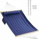 Double Quilted Fabric Hammock with Hardwood Spreader Bars and Pillow 450 LBS Capacity 2 Person Large Hammock for Outdoor Patio Backyard Poolside - Dark Blue